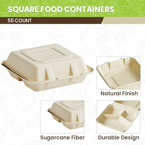 Perfectware 100% Compostable 3 Comp Take Out Food Containers 9 x9 Inch. 40 Count Heavy-Duty Quality to Go Containers, Natural Disposable Bagasse, Eco-Friendly Biodegradable Made of Sugar Cane