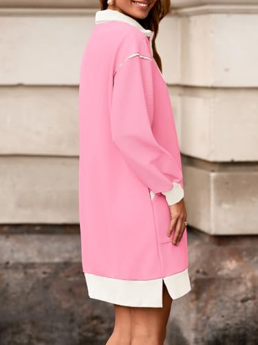 Image of Wenrine Womens Half Zip Sweatshirt Dress Fall V Neck Contrast Mini Dresses