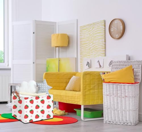 Image of NTAOHAMPER Rectangular Storage Basket with Handles, Cotton Canvas Fabric, Strawberry Pattern, Room Decor, Gift Basket, Book Box