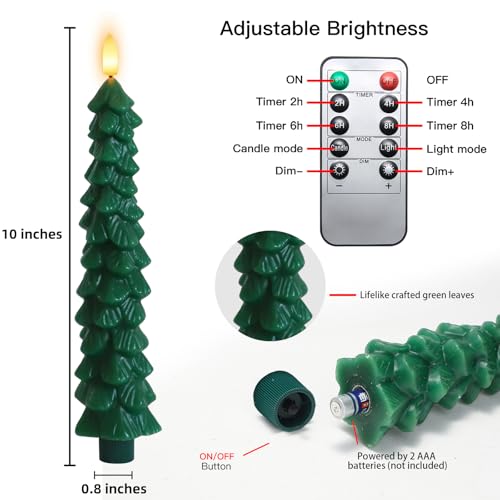 Image of Lezonic 6Pcs Flameless Christmas Tree Candles with Remote Timer, LED Taper Candles Battery Operated Flickering Flame, 10 Inches Green Real Wax Window Candlesticks for New Year Xmas Decorations