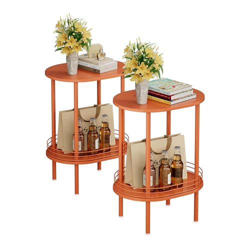 Image of Small Modern Round Side Table Set of 2,2-Tier Side Tables Living Room,Sturdy Nightstand for Small Space - Living Room, Bedroom, Bathroom, Nursery,(2 PC,Orange)