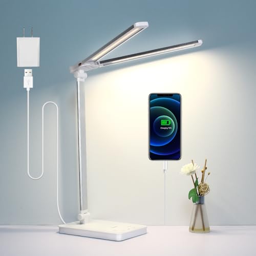 Semlos Dual Arms LED Desk Lamp with USB Charging Ports, Table Light with 5 Color Modes 5 Brightness Levels, Touch Control Study Lamp for Home Office Drom, White(Adapter Included)