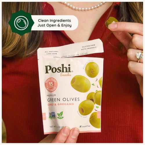 Image of Poshi Green Olives On-The-Go - Original Flavor - Single Serve Pitted Olives - Convenient and Healthy Snack Packs - All Natural, Non-GMO, Kosher, Gluten-Free (Variety, 33 Ounce (Pack of 30))