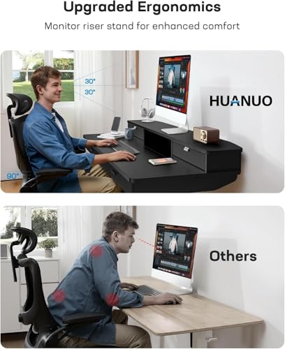 Image of HUANUO 55 x 30 inch Standing Desk with Wood Drawers,Electric Stand up Home Office Desk Adjustable Height with Two Tiers, Black Ergonomic Stand up Desk with Monitor Stand