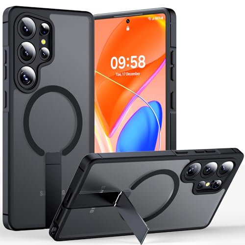 TOCOL Magnetic for Samsung Galaxy S25 Ultra Case with Kickstand Fit for MagSafe Upgraded [Full Camera Protection] Adjustable Kickstand Slim Translucent Matte Back for S25 Ultra Case (Black)