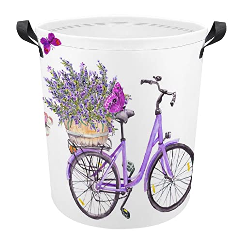Violet Bicycle with Lavender Flowers in Basket and Butterflies Collapsible Waterproof Laundry Hamper, Lightweight Washing Basket Bin Storage Organizer Bucket with Handles for Toys Clothes