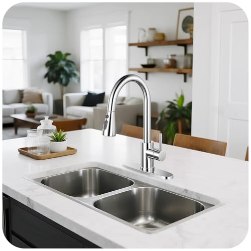 Image of Kitchen Faucet with Pull Down Sprayer - Polished Chrome Single Handle Kitchen Faucets, High Arc Stainless Steel Pull Out Kitchen Sink Faucet with Deck for RV Laundry Farmhouse Bar