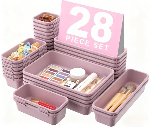 【𝟮𝟴𝗣𝗖𝗦】 【𝟱𝗦𝗶𝘇𝗲】 Purple Drawer Organizer, Makeup organizer, 【Holds 177 Items】 Bathroom Organizers and Storage, Plastic Desk Organizer Divider, Organizer Bins for Office Vanity A-LUGEI