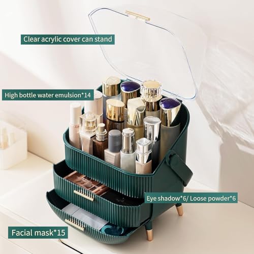 Kousee Multifunktionaler Make-up-Koffer, staubdicht, Kosmetik-Aufbewahrungsbox, Organizer, Hautpflegeprodukte, Schmuck-Organizer, Finishing-Box für Schlafzimmer, Badezimmer, Schreibtisch, Dunkelgrün