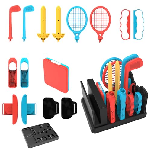 AriKroii Sports Accessories 16 in 1 Bundle Pack for Nintendo Switch & Switch OLED with Tennis Rackets, Soccer Leg Straps & Golf Clubs, Sword Grip, Family Party Sports Pack Games Accessories Kit