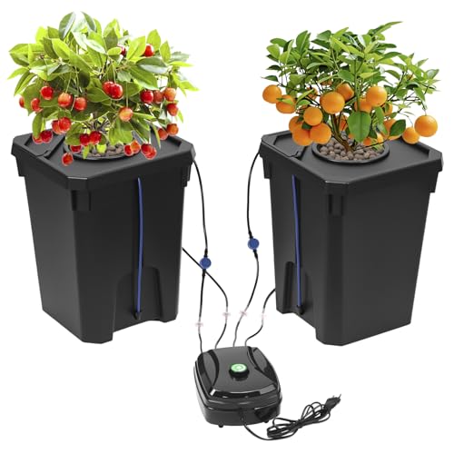 QWORK® DWC Sistema de Cultivo hidropónico, Cultivo en Aguas Profundas de 27 litros, Sistema hidropónico, con Kit de Goteo para Maceta, Bomba de Aire de 8W, 2 Cubos