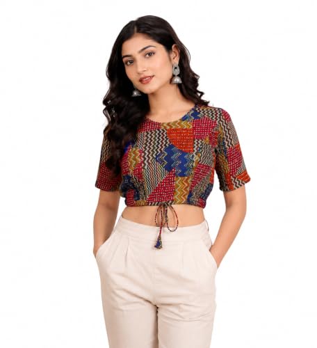 Image of Yash Gallery Women's Cotton Zig-Zag Printed Regular Regular Fit Short Sleeve Blouse