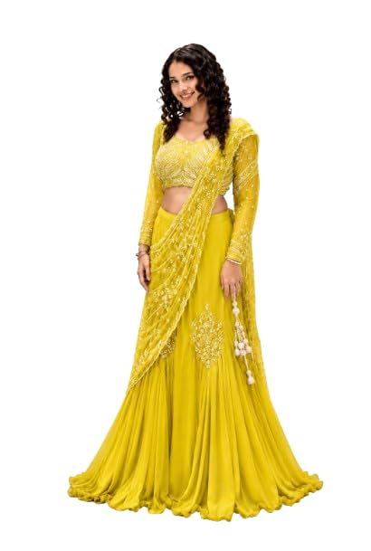Image of Lehenga choli Womens And Girls Soft Crep Silk Saree With Full-Stitched Blouse With Embroidery Work Wedding navratri party letest