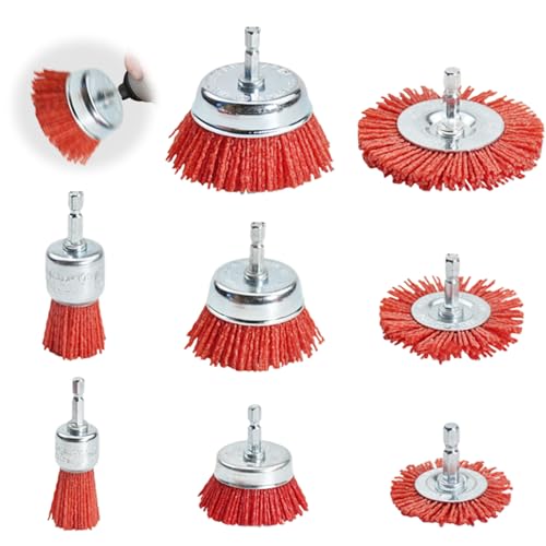 AXVRAV - Lot de 8 brosses de ponçage en nylon pour perceuse - Brosse en nylon avec tige hexagonale de 1/4" - 8 tailles - Brosses de perçage en nylon - Kit de brosses abrasives pour la rouille - Fil de ponçage