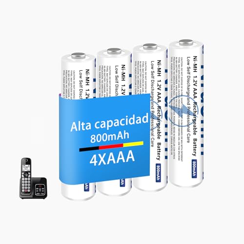 Pilas Recargables AAA 800 mAh, 1,2 V para Gigaset Teléfonos Inalámbricos，AAA Ni MH Baterías Recargables para Panosonic Teléfonos Inalámbricos，Equipos Domésticos，Baja Autodescarga (4 Piezas)