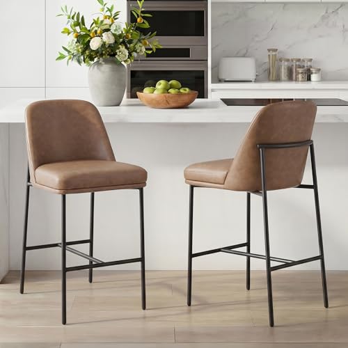 CHITA Counter Height Bar Stools Set of 2, FSC Certified Metal Barstools for Kitchen Island, 27" H Seat Height, Faux Leather, Saddle Brown by CHITA - Used condition - US$138.80