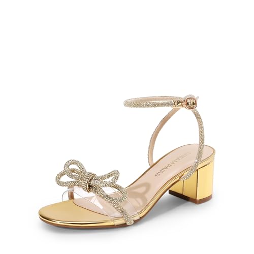 DREAM PAIRS Women's Double Bowknots Crystal Sandals Low Chunky Heels Clear Slingback Dress Shoes for Wedding Bridal Party 7.5 Gold