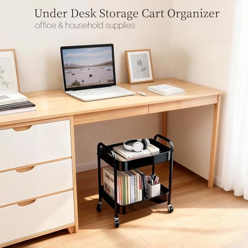 Image of 2 Tier Metal Rolling Utility Cart with Wheels Under Desk Storage Cart with Handle, Roll Around Organizer Trolley for Small Space Pantry Bathroom Home Kitchen Office Snack Baby Supplies, Black