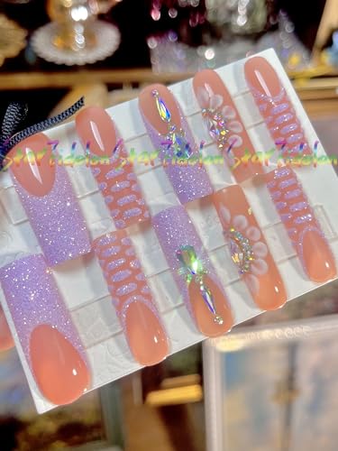 HAND-PAINTED Purple False Nails Set Coffin Press on Nails Pressons Kit Medium Length Stick on Nails Shoot Nail Art Short Nails with Nail Glue on Nails Square, Long Almond Nail (Medium, L1)
