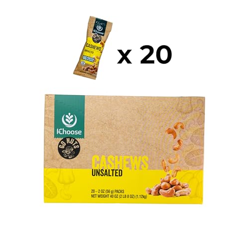 Image of IChoose Unsalted Cashews, 2oz Individual Snack Packs (20 Count Bulk) - No Salt Added Whole Roasted Cashews . Office, Family & Pantry Pack . Plant-Based Protein . Gluten Free