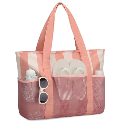 VASCHY Bolsa Playa Grande XXL Familiar, Bolsa de Playa Mujer de Malla con Cremallera Plegable Tote Bag Multifuncional para Viaje Shopper Picnic Trabajo, Rosa Beige
