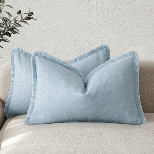 Image of Foindtower Set of 2 Decorative Linen Fringe Lumbar Throw Pillow Covers Boho Farmhouse Cushion Cover with Tassels Soft Accent Pillowcase for Couch Sofa Bed Living Room Home Decor,12x20 Inch,Light Blue