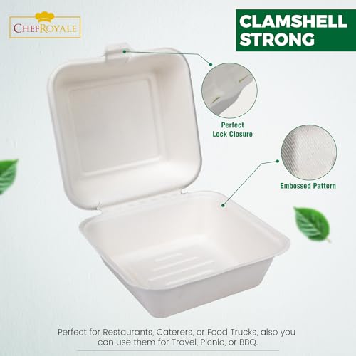 CHEF ROYALE 6" Inches Bagasse Burger Box. Disposable White Bagasse Box for Burger.Biodegradable and Compostable Sugarcane Clamshell Takeaway Box. (10) - Image 3