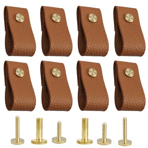 AUXBC 8PCS Leather Drawer Pulls Modren Leather Pulls Handles Soft Leather Cabinet Pulls knobs Leather Furniture Pulls or Cabinet Doors Drawers Closet Dark Brown