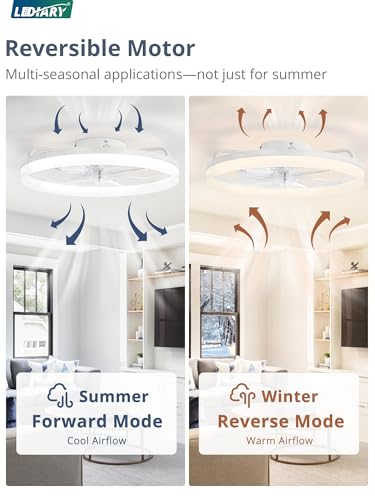 Image of LEDIARY Ceiling Fans with Lights, 20 inch Low Profile Flush Mount Ceiling Fan, Dimmable LED, APP & Remote Control, Quiet Reversible DC Motor, 6 Speeds, Fandelier for Bedroom, White