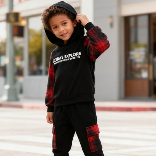 Image of OLMRJKD Toddler Baby Boy Clothes Plaid Long Sleeve Hoodie Sweatshirt + Pants 2pcs Boys Outfit Set