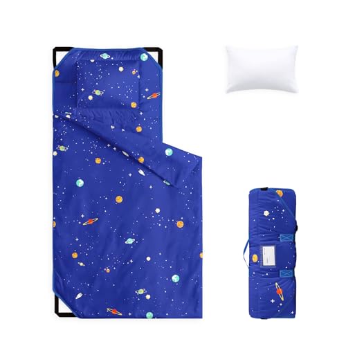 Image of Wake In Cloud - Cot Nap Mat with Pillow and Blanket, 100% Cotton Fabric, for Toddler Kids Boys Girls Ages 3 Plus in Daycare Kindergarten Preschool, Stars Space Rockets