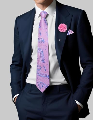 Image of DiBanGu Mens Zipper Tie Silk Pre-Tied Necktie with Gift Box | Jacquard Woven,Paisley Solid Plaid Pattern,6PCS with Pocket Square,Cufflinks and Lapel Pin,for Wedding Party Formal Business