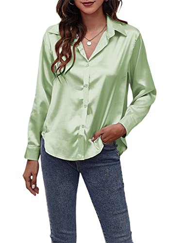 Eghunooze Elegante Frauen Satin Bluse Langarm V-Neck Hemdbluse Button Down Shirts Einfarbig Business Formelle Freizeit Oberteil Blusen Top für Damen (Hellgrün, XX-Large) Cover