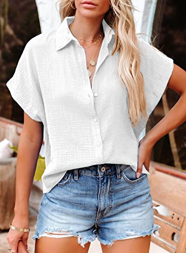 Dokotoo 2023 Fashion Solid Linen V-Neck Button Down Batwing Short Sleeve Shirts For Women Summer Soft Work Office Lapel T-Shirts Tunic Tops Blouses White L #TOP2