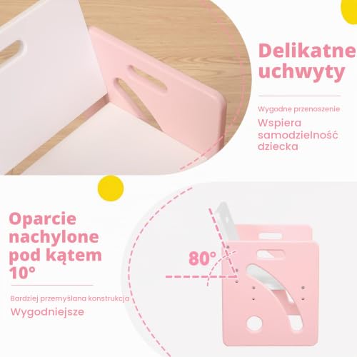FUNLIO Montessori zestaw krzeseł dla małych dzieci w wieku 1-3 lat, z regulacją wysokości, stół i krzesło dla dzieci do czytania, jedzenia/zabawy, łatwy montaż – różowy