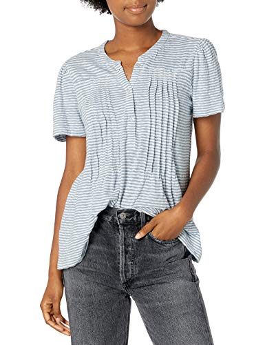 Lucky Brand Women's Short Sleeve Button-Knit Seersucker Top, Blue Stripe, L