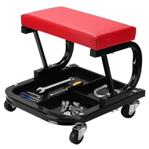 Crystals Heavy Duty Workshop Seat with Wheels 150KG Support Padded Cushion & Tool Tray Durable Rolling Stool for Mechanics Garage & DIY Use