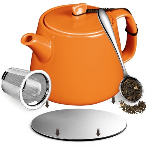 Brew To A Tea Stump Teapot with Strainer, Removable Infuser Tea Pot Handmade, 600ml/20.29oz Heat-Resistant Porcelain Tea Pot with Stainless Steel Coaster, Orange