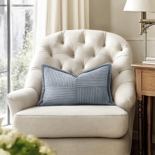 Image of MIULEE Decorative Lumbar Throw Pillow Covers for Couch Bed Livingroom 12x20 Inch Set of 2 Dustyblue Boho Accent Throw Pllows Broadside Striped Patchwork Soft Corduroy Pillowcases