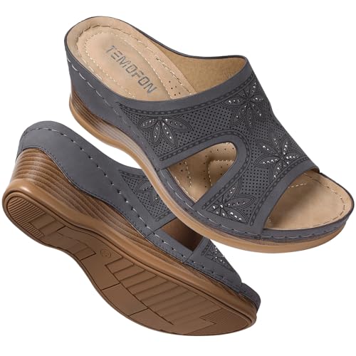Image of TEMOFON Women Wedge Sandals Dressy: Comfortable Lightweight Summer Shoes | Low Wedge Heel - Fit Wide Feet - Comfy Stylish Slip on Sandals Size 5-11