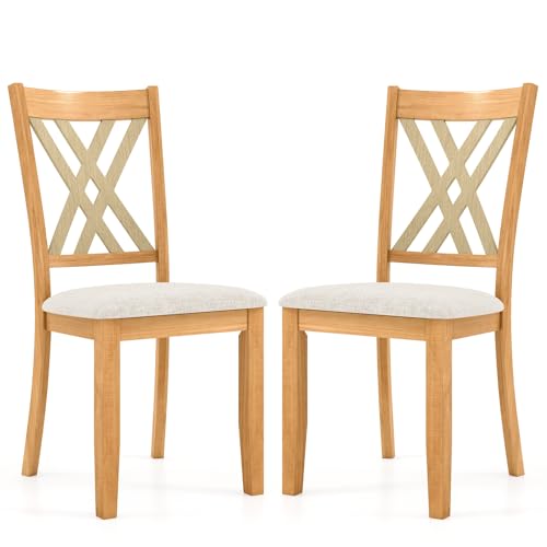 Image of COSTWAY Set of 2 Dining Chairs, Wooden Kitchen Side Chair with Fabric Padded Seat, Rubber Wood Frame & High Back, Farmhouse Dining Room Chairs for Home & Restaurant, Natural