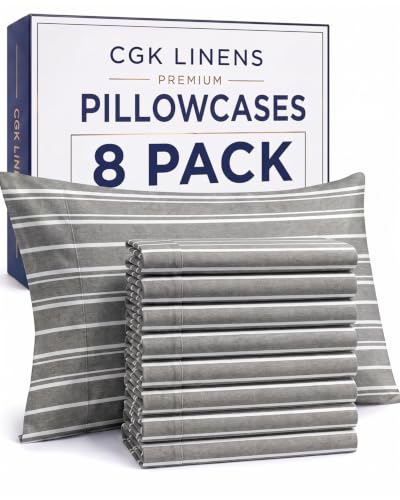 Standard Pillow Cases - 8 Pack Pillowcase Covers - 20" x 26" (Grey Stripes)