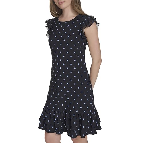 Image of Tommy Hilfiger Women's Sleeveless Crew Neck Double Ruffle Hem Jersey Shift Mini Dress