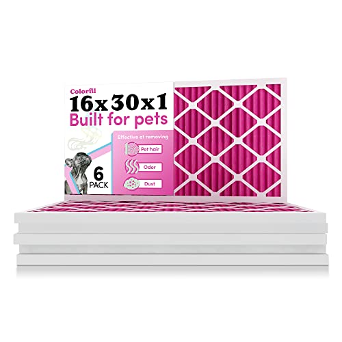 Image of 16x30x1 Air Filter by Colorfil | Color Changing Filters for Cat and Dog Odor | MERV 8 Furnace AC Filter for Pet Hair and Dust | 15.75 inchx29.75 inchx0.75 inch Exact Size | Pack of 6