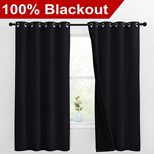 Image of NICETOWN 100% Blackout Curtains with Black Liners, Thermal Insulated Full Blackout 2-Layer Lined Drapes, Energy Efficiency Window Draperies for Bedroom (Black, 2 Panels, 55-inch W by 68-inch L)