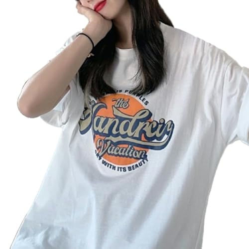 [アーケード] Tシャツ レディース 薄手 清涼 半袖Tシャツ メンズライク 韓国風 オーバーサイズ ドロップショルダー アメカジ カレッジ ロゴプリントTシャツ フリーサイズ Aタイプ-ホワイト - ARCADE(アーケード) - 商品画像