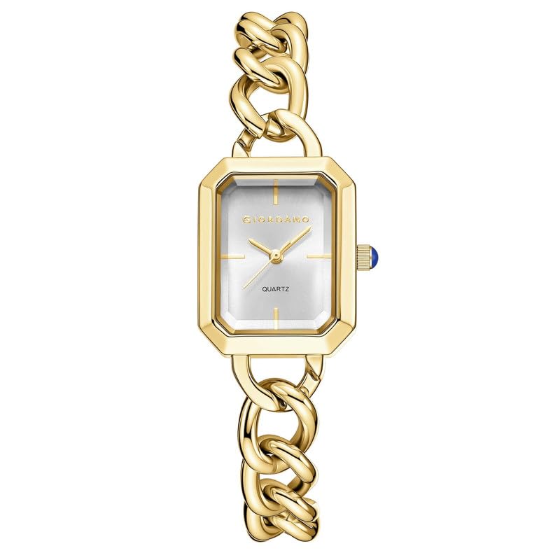 Image of Giordano Elegant Watch for Women with Gloss Sunray Dial, Quartz Movement, Rectangular Case, Stainless Steel Chain Strap and Blue Crown Accent