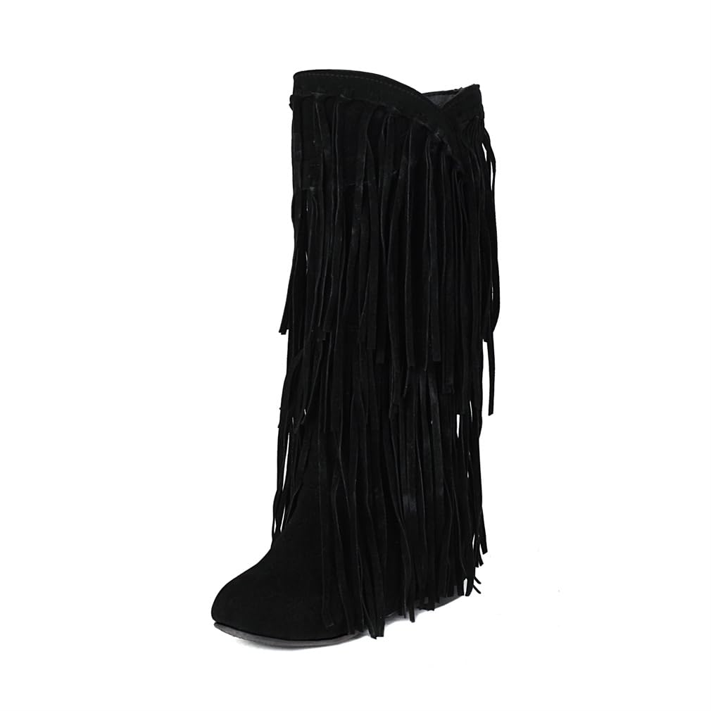 gongxifacai Womens Fringe Western Boots Fashion Hidden Heel Knee-high Boots