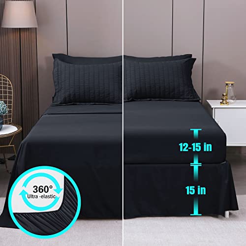 Hymokege Black Queen Comforter Set Seersucker 8 Pieces, All Season Luxury Bed In A Bag For Bedroom, Bedding Set With Comforters, Sheets & Skirt, Pillowcases & Shams #TOP3