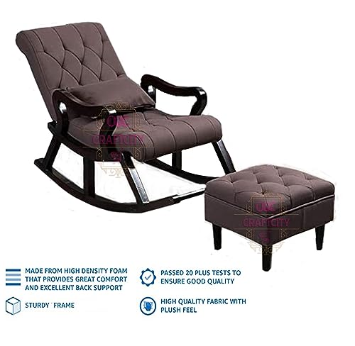 Image of CRAFTCITY Sheesham Wood Elegant Chair with Pillow and Matching Foot Stool /Living Room Chair /Rose Wood Rocking Chair,Pre-Assembled (Brown, Rocking Chair with Ottoman)